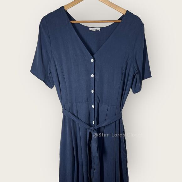 Vetta Capsule Button Up Midi Dress | Medium | Navy Blue Tencel Flowy Pockets - Picture 4 of 10